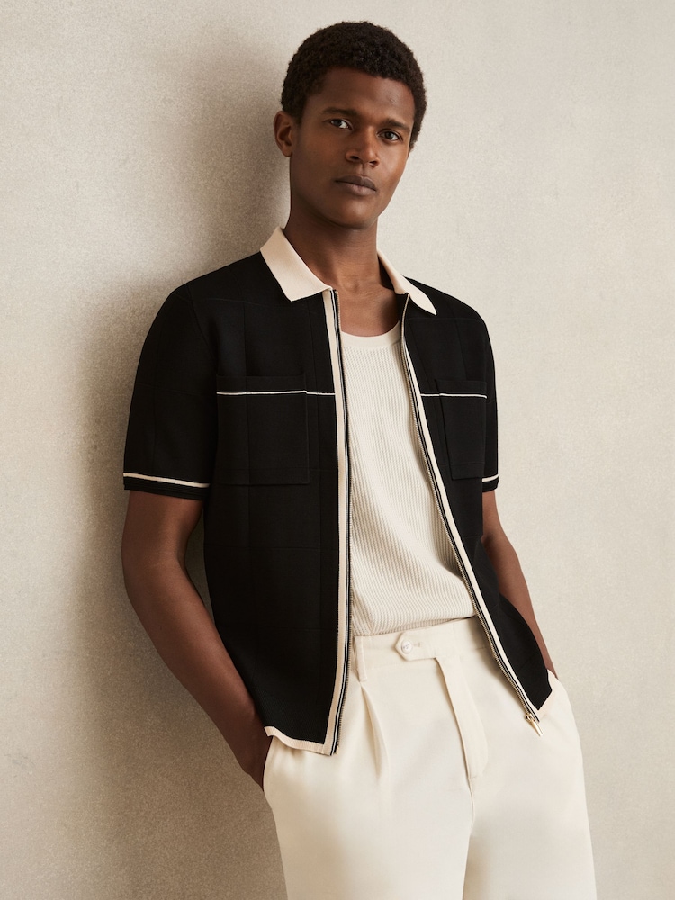 Reiss Black/Stone Baxter Compact-Knit Tipped Zip-Through Shirt - Image 1 of 5