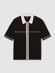 Reiss Black/Stone Baxter Compact-Knit Tipped Zip-Through Shirt - Image 2 of 5