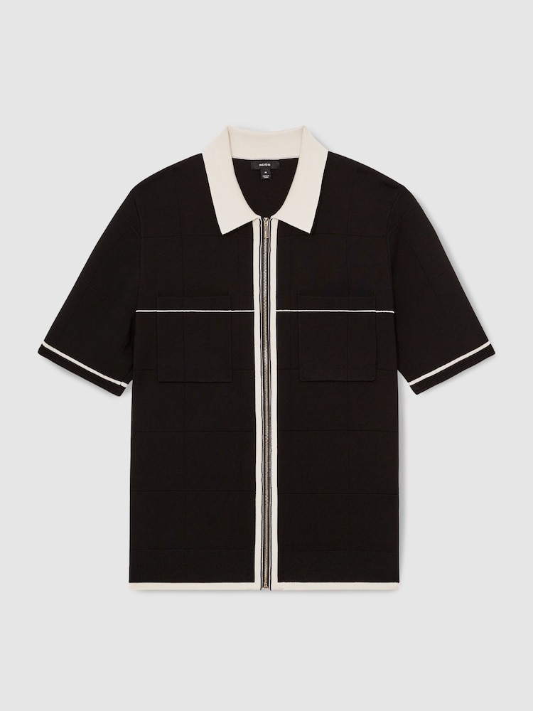 Reiss Black/Stone Baxter Compact-Knit Tipped Zip-Through Shirt - Image 2 of 5