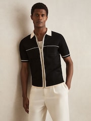 Reiss Black/Stone Baxter Compact-Knit Tipped Zip-Through Shirt - Image 3 of 5