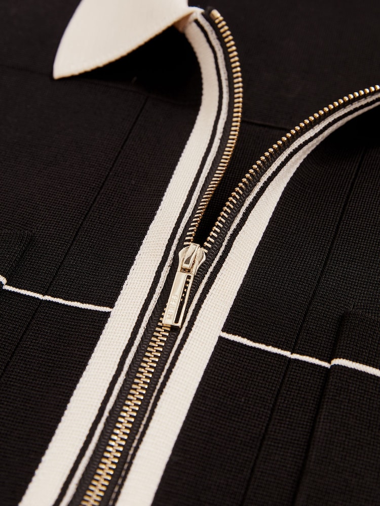 Reiss Black/Stone Baxter Compact-Knit Tipped Zip-Through Shirt - Image 5 of 5