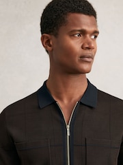 Reiss Chocolate Brown/Navy Blue Baxter Compact-Knit Tipped Zip-Through Shirt - Image 1 of 1
