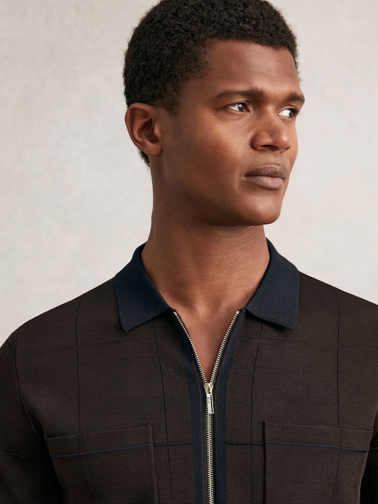 Reiss Chocolate Brown/Navy Blue Baxter Compact-Knit Tipped Zip-Through Shirt - Image 1 of 1