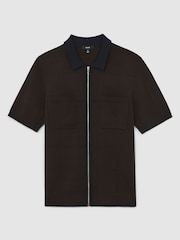 Reiss Chocolate Brown/Navy Blue Baxter Compact-Knit Tipped Zip-Through Shirt - Image 2 of 6