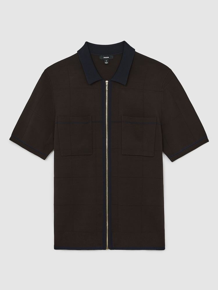 Chocolate Brown/Navy Blue - Reiss Baxter Compact-Knit Tipped Zip-Through Shirt - Slika 2 iz 6 Chocolate Brown/Navy Blue - Reiss Baxter Compact-Knit Tipped Zip-Through Shirt - Slika 2 iz 6