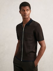 Reiss Chocolate Brown/Navy Blue Baxter Compact-Knit Tipped Zip-Through Shirt - Image 3 of 6