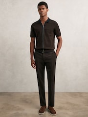 Reiss Chocolate Brown/Navy Blue Baxter Compact-Knit Tipped Zip-Through Shirt - Image 4 of 6