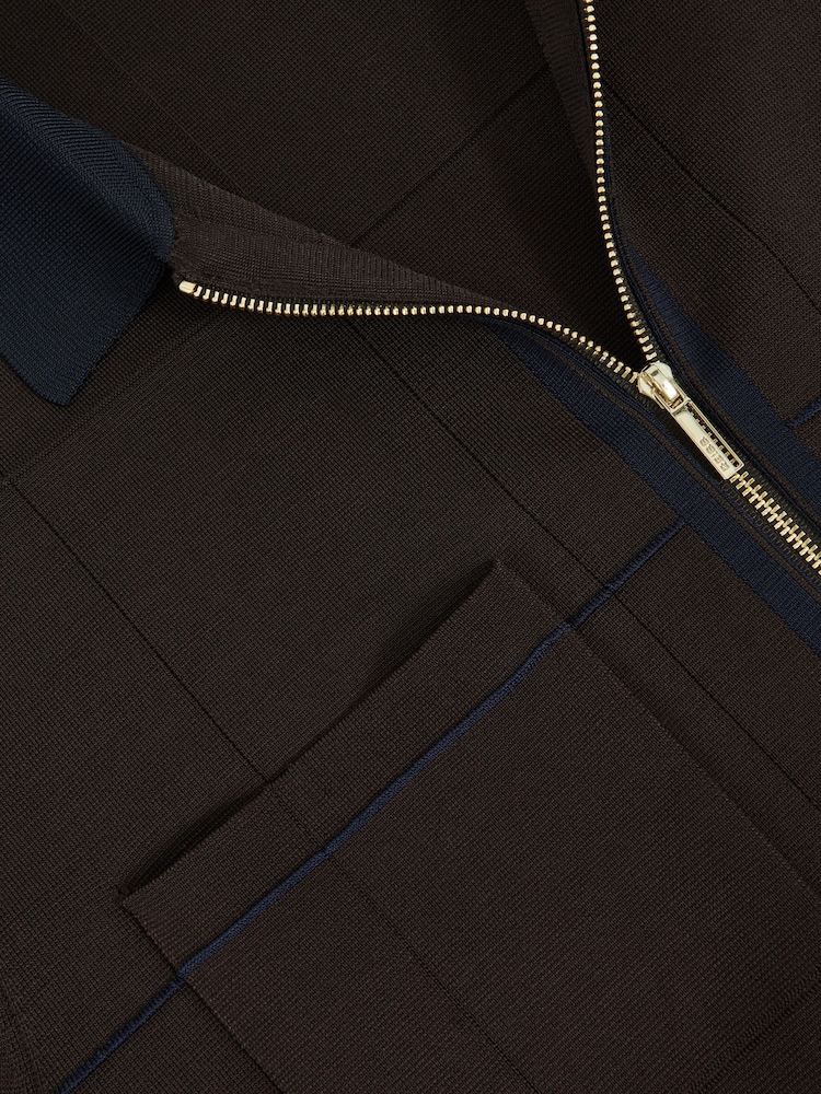 Reiss Chocolate Brown/Navy Blue Baxter Compact-Knit Tipped Zip-Through Shirt - Image 6 of 6