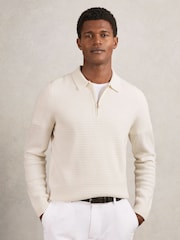 Reiss Off White Hamilton Wool Waffle-Knit Half-Zip Polo Shirt - Image 1 of 6