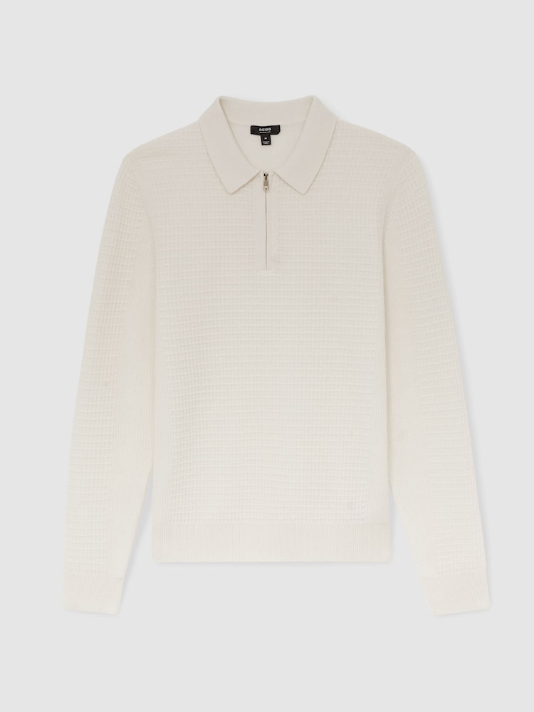 Reiss Off White Hamilton Wool Waffle-Knit Half-Zip Polo Shirt - Image 2 of 6