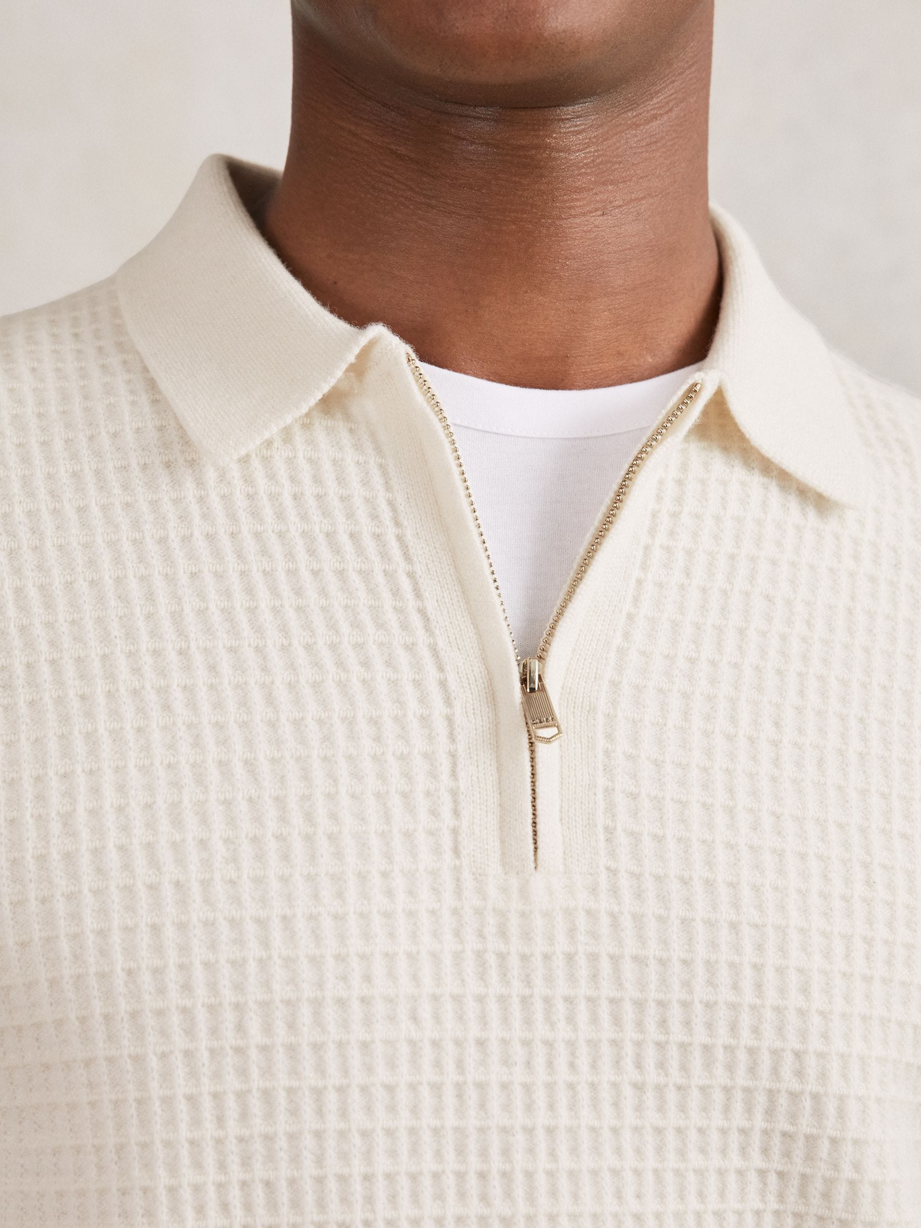 Buy Reiss Off White Hamilton Wool Waffle-Knit Half-Zip Polo Shirt