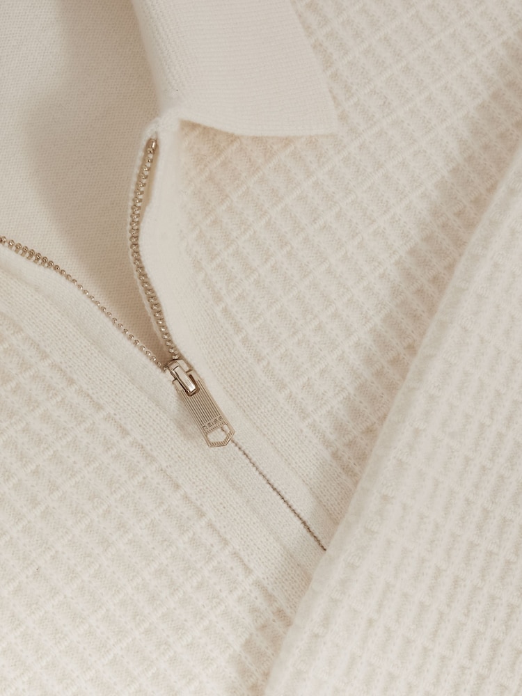 Reiss Off White Hamilton Wool Waffle-Knit Half-Zip Polo Shirt - Image 6 of 6