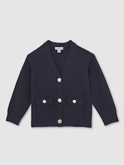 Reiss Navy Mila Knitted Embossed-Button Cardigan - Image 1 of 3