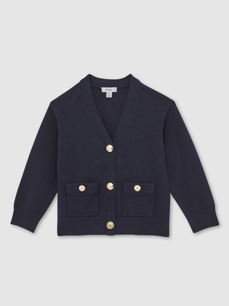 Reiss Navy Mila Knitted Embossed-Button Cardigan - Image 1 of 3