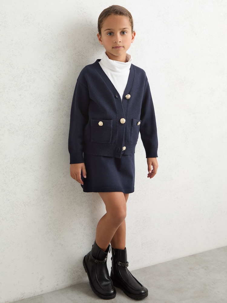 Reiss Navy Mila Knitted Embossed-Button Cardigan - Image 2 of 3