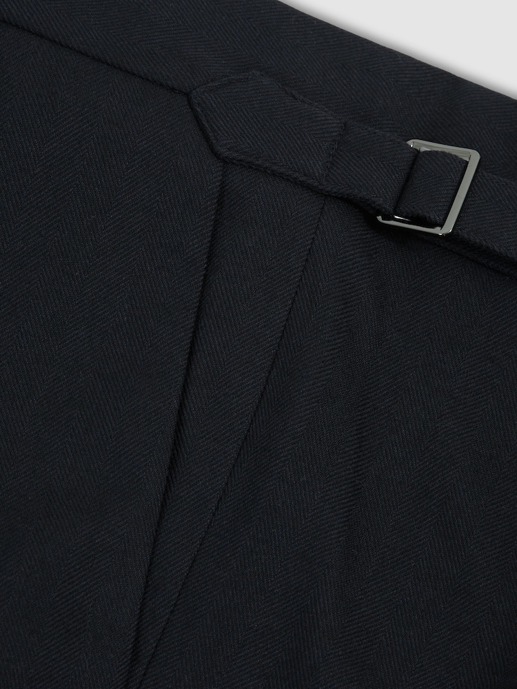 Reiss Navy Complex Regular Fit Herringbone Trousers With Cotton - Image 6 of 6