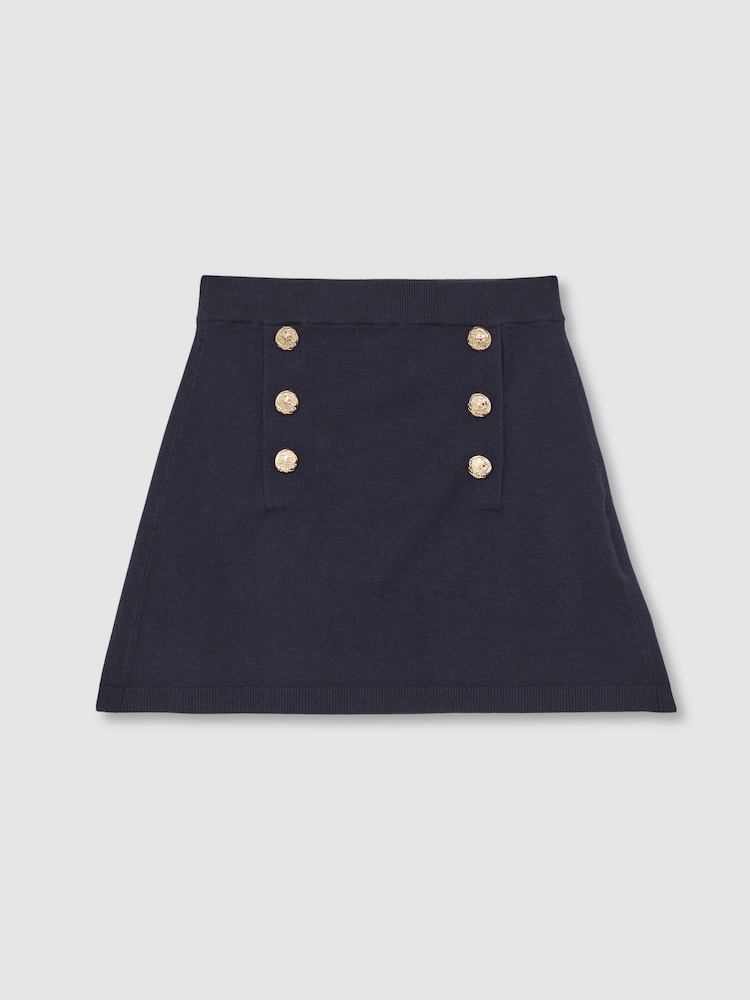 Reiss Navy Tillie Knitted Button-Detail A-Line Skirt - Image 2 of 4