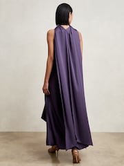 Reiss Purple Michelle Petite Satin Tuck-Detail Cape Midi Dress - Image 4 of 8