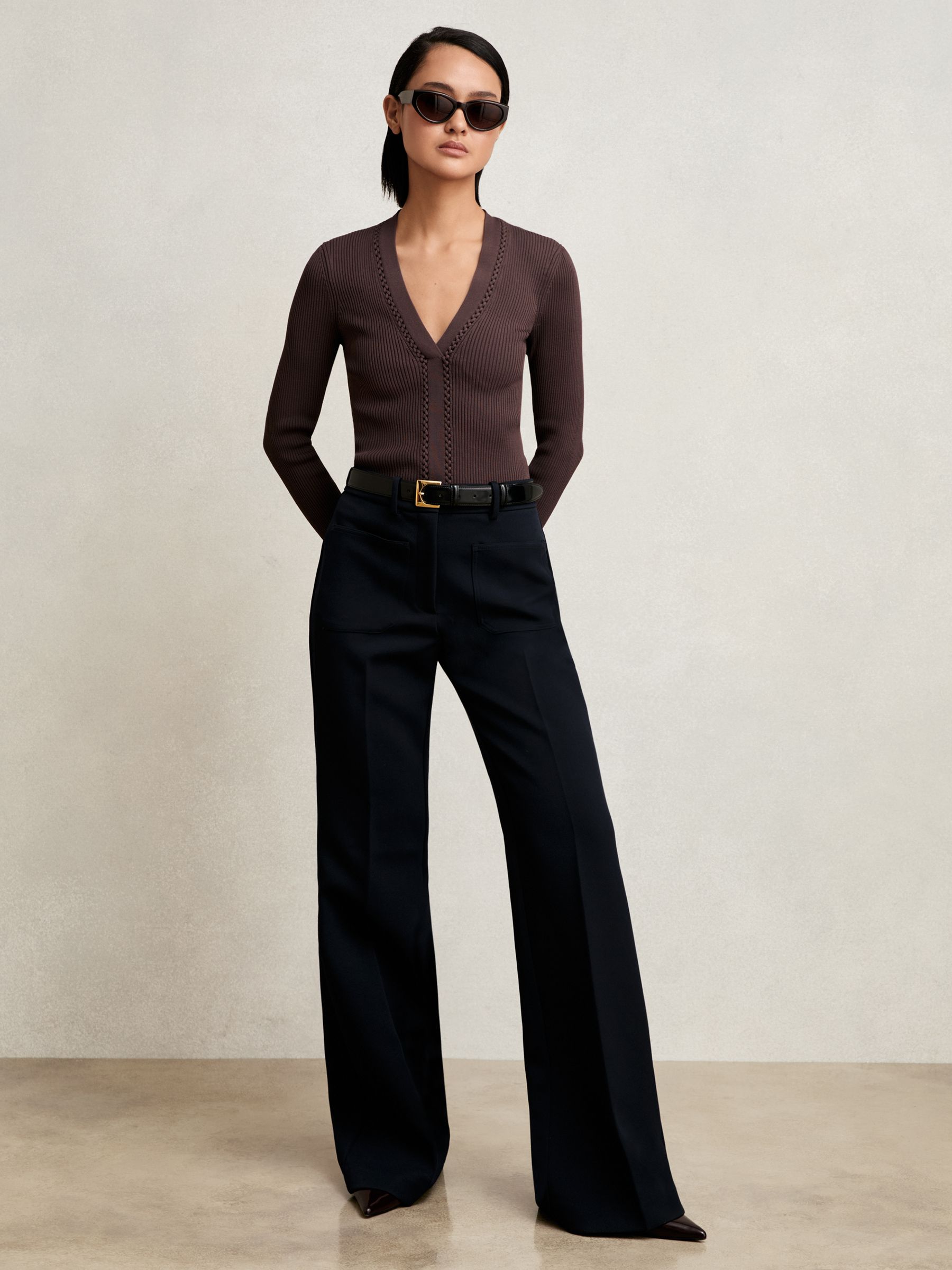 Buy Reiss Mocha Brown Lauri Craft-Stitch Rib-Knit Top from Next USA