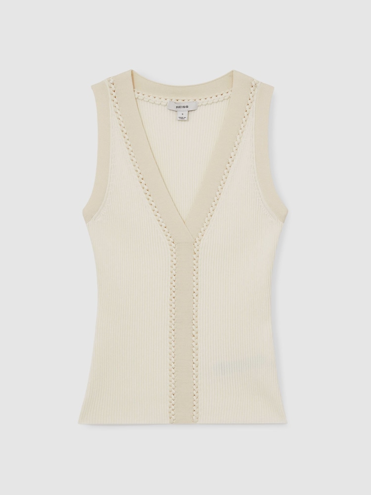 Reiss Ivory/Ecru Lanette Ribbed Knit Craft Stitch Vest Top - Image 2 of 6