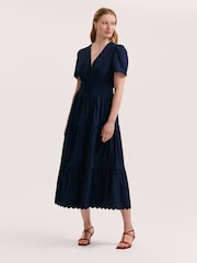 Finery Blue Wren Cotton Ric Rac Detail Tiered Midi Dress - Image 1 of 4