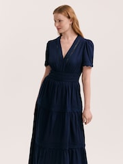 Finery Blue Wren Cotton Ric Rac Detail Tiered Midi Dress - Image 2 of 4