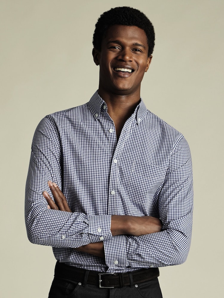 Charles Tyrwhitt Royal Blue Slim Fit Check Slim Fit Non-Iron Stretch Poplin 100% Cotton Shirt - Image 1 of 6