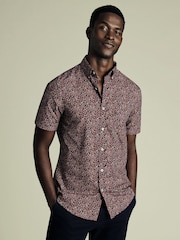 Charles Tyrwhitt Dark Navy Slim Fit Fish Slim Fit Short Sleeve Non-Iron Print 100% Cotton Shirt - Image 1 of 5