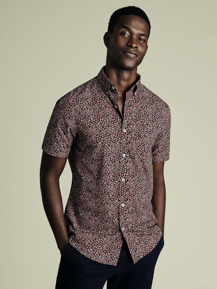 Charles Tyrwhitt Dark Navy Slim Fit Fish Slim Fit Short Sleeve Non-Iron Print 100% Cotton Shirt - Image 1 of 5