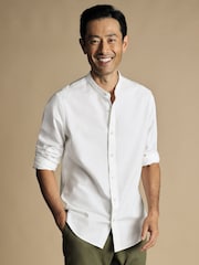 Charles Tyrwhitt White Classic Fit Stripe Stretch Washed Oxford Collarless 100% Cotton Shirt - Image 1 of 5