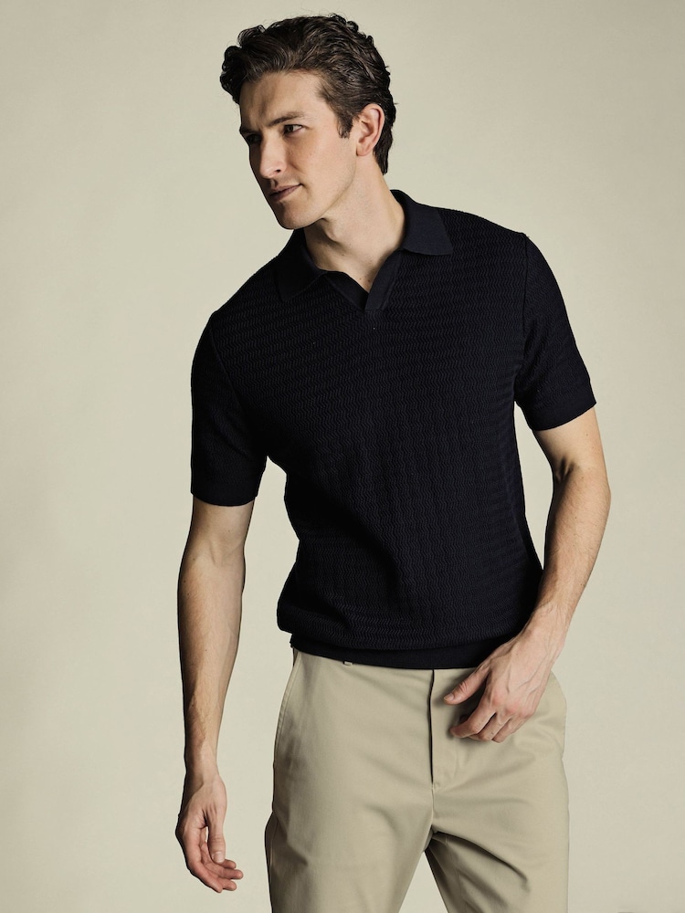 Charles Tyrwhitt Blue Zig Zag Short Sleeve 100% Cotton Trophy Neck Polo shirt - Image 1 of 5