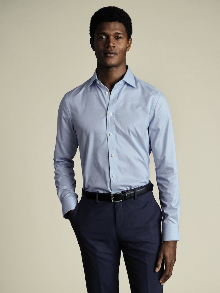 Charles Tyrwhitt Blue Slim Fit Egyptian Fine Stripe 100% Cotton Shirt - Image 1 of 6
