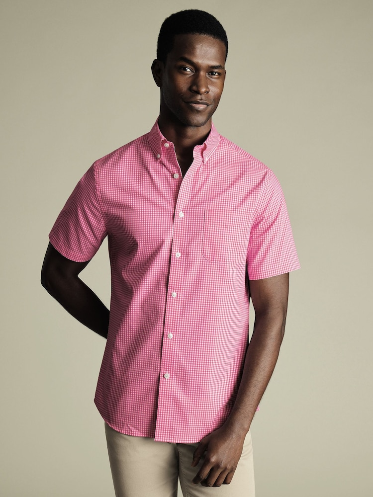 Charles Tyrwhitt Pink Slim Fit Check Slim Fit Short Sleeve Non-Iron Stretch Poplin 100% Cotton Shirt - Image 1 of 5