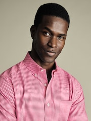 Charles Tyrwhitt Pink Slim Fit Check Slim Fit Short Sleeve Non-Iron Stretch Poplin 100% Cotton Shirt - Image 2 of 5