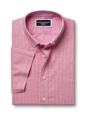 Charles Tyrwhitt Pink Slim Fit Check Slim Fit Short Sleeve Non-Iron Stretch Poplin 100% Cotton Shirt - Image 3 of 5
