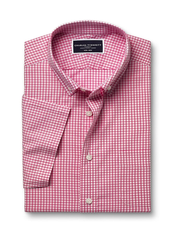 Charles Tyrwhitt Pink Slim Fit Check Slim Fit Short Sleeve Non-Iron Stretch Poplin 100% Cotton Shirt - Image 3 of 5
