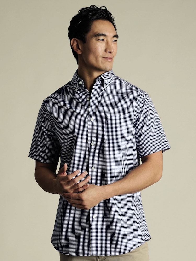 Charles Tyrwhitt Blue Slim Fit Check Short Sleeve Non-Iron Stretch Poplin 100% Cotton Shirt - Image 1 of 5