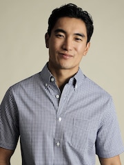 Charles Tyrwhitt Blue Slim Fit Check Short Sleeve Non-Iron Stretch Poplin 100% Cotton Shirt - Image 2 of 5
