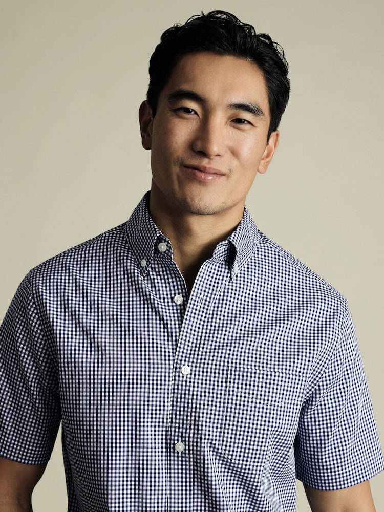 Charles Tyrwhitt Blue Slim Fit Check Short Sleeve Non-Iron Stretch Poplin 100% Cotton Shirt - Image 2 of 5