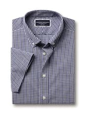 Charles Tyrwhitt Blue Slim Fit Check Short Sleeve Non-Iron Stretch Poplin 100% Cotton Shirt - Image 4 of 5