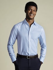 Charles Tyrwhitt Blue Slim Fit Slim Fit Non-Iron Check Cotton Linen Shirt - Image 1 of 6