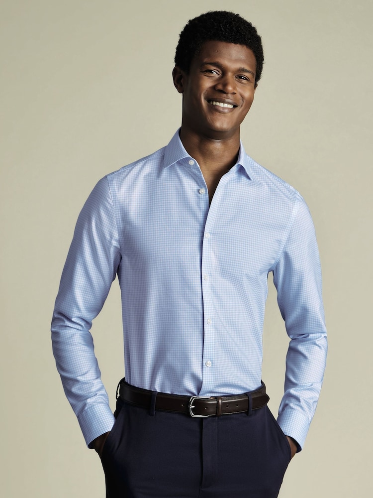 Charles Tyrwhitt Blue Slim Fit Slim Fit Non-Iron Check Cotton Linen Shirt - Image 1 of 6