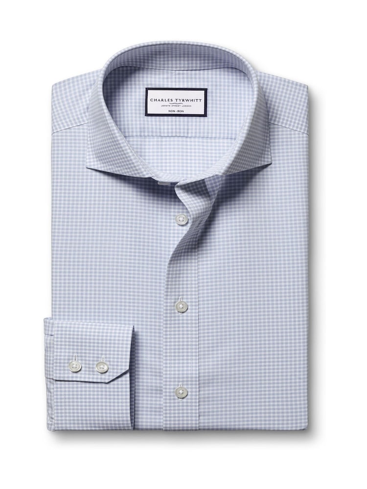 Charles Tyrwhitt Blue Classic Fit Non-Iron Cutaway Collar Gingham 100% Cotton Shirt - Image 4 of 6