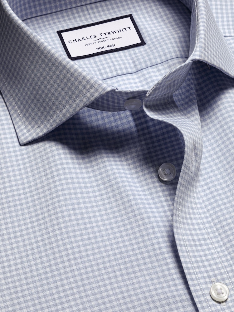 Charles Tyrwhitt Blue Classic Fit Non-Iron Cutaway Collar Gingham 100% Cotton Shirt - Image 5 of 6