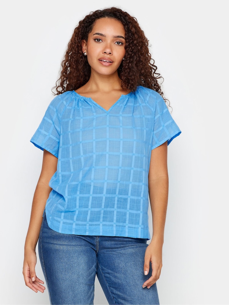 M&Co Blue 100% Cotton Notch Neck Dobby Blouse - Image 1 of 4