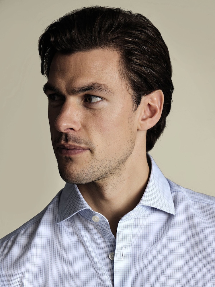 Charles Tyrwhitt Blue Slim Fit Non-Iron Cutaway Collar Fine 100% Cotton Check Shirt - Image 2 of 6
