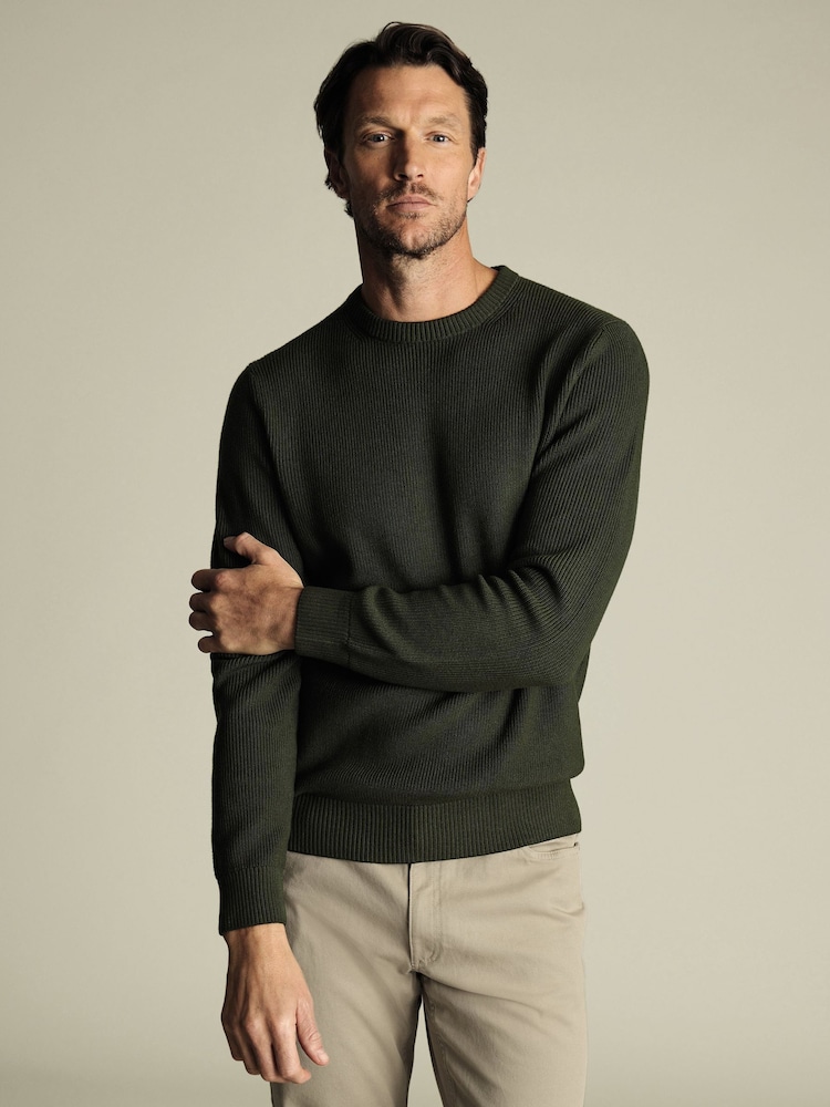 Charles Tyrwhitt Green Combed 100% Cotton Rib Crew Jumper - Image 1 of 5