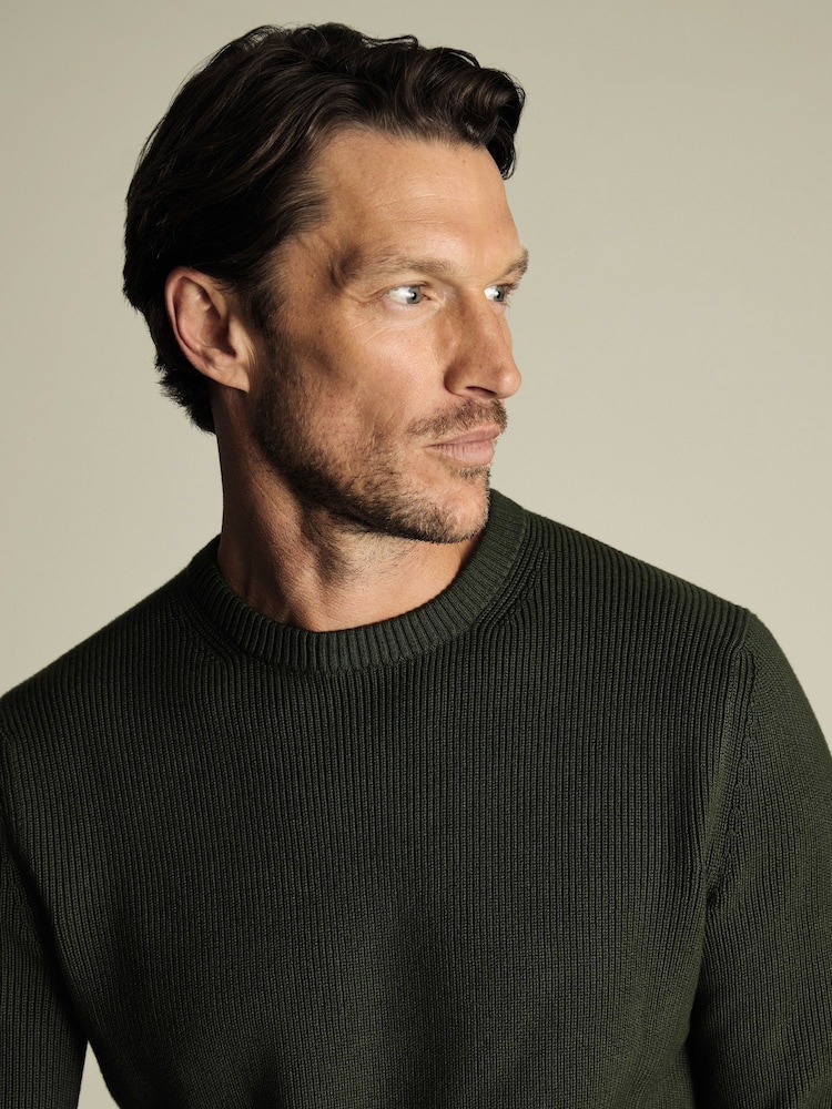 Charles Tyrwhitt Green Combed 100% Cotton Rib Crew Jumper - Image 2 of 5