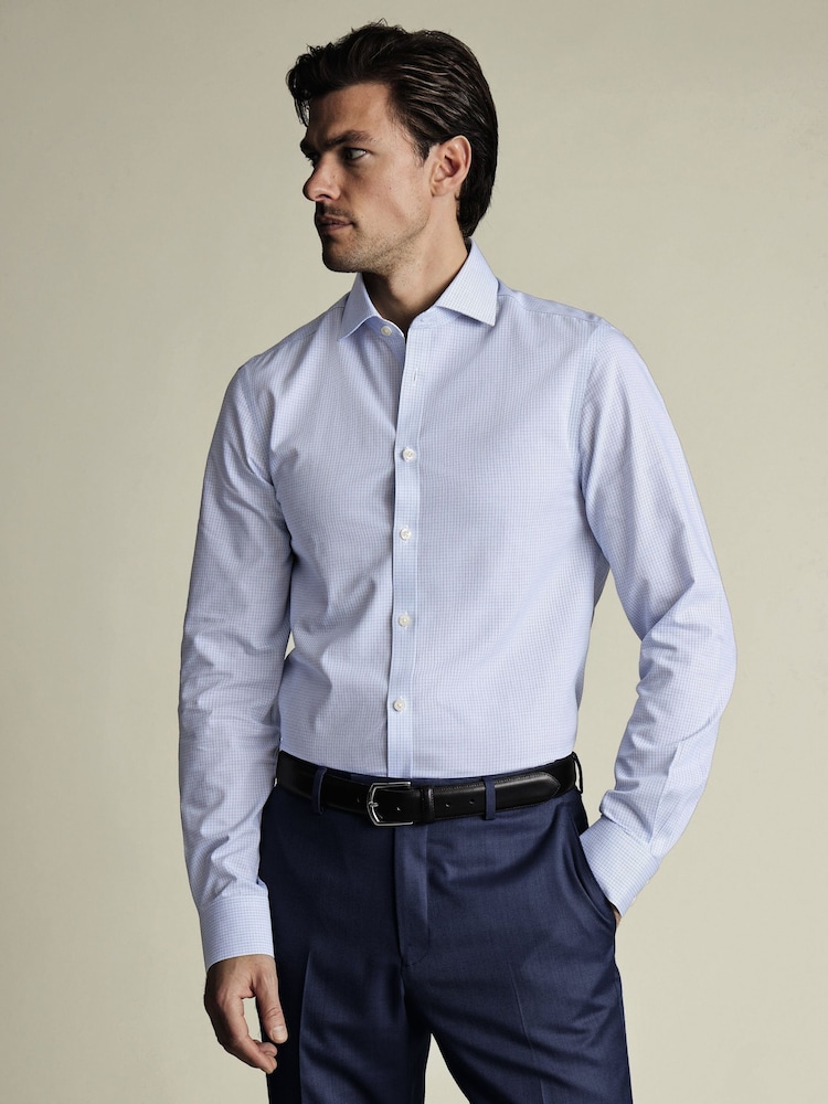 Charles Tyrwhitt Blue Classic Fit Non-Iron Cutaway Collar Fine 100% Cotton Check Shirt - Image 1 of 3