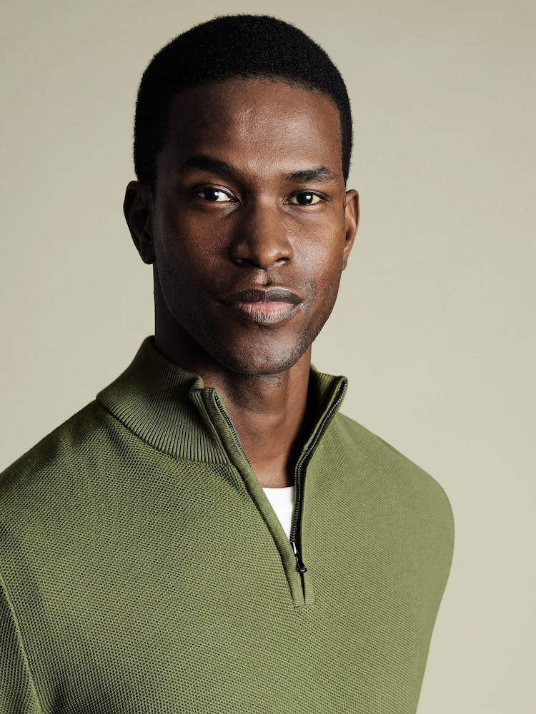 Charles Tyrwhitt Green Honeycomb 100% Cotton Zip Neck Sweat Top - Image 2 of 5